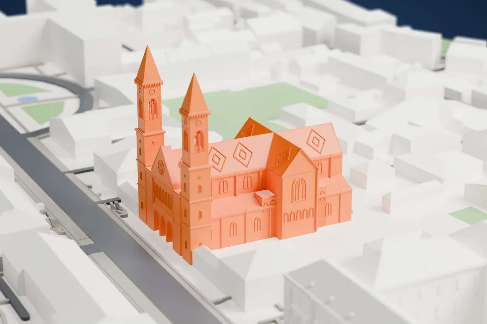 A white 3D print of the Ludwigskirche, a church building standing among surrounding streets and other buildings.