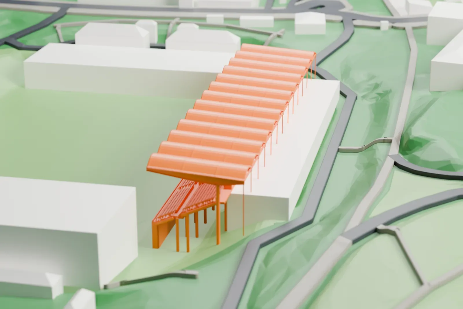 A white 3D print of Ludwigsparkstadion's main stand, with its scalloped roof and steep terraces, among the surrounding streets and buildings.