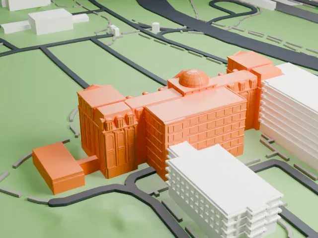 LuEsther T. Mertz Library model, East view