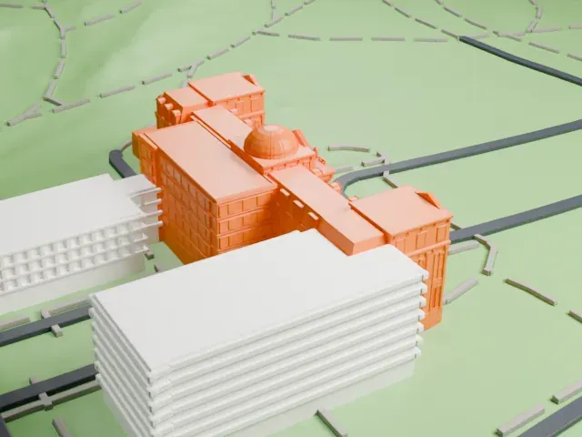 LuEsther T. Mertz Library model, North view