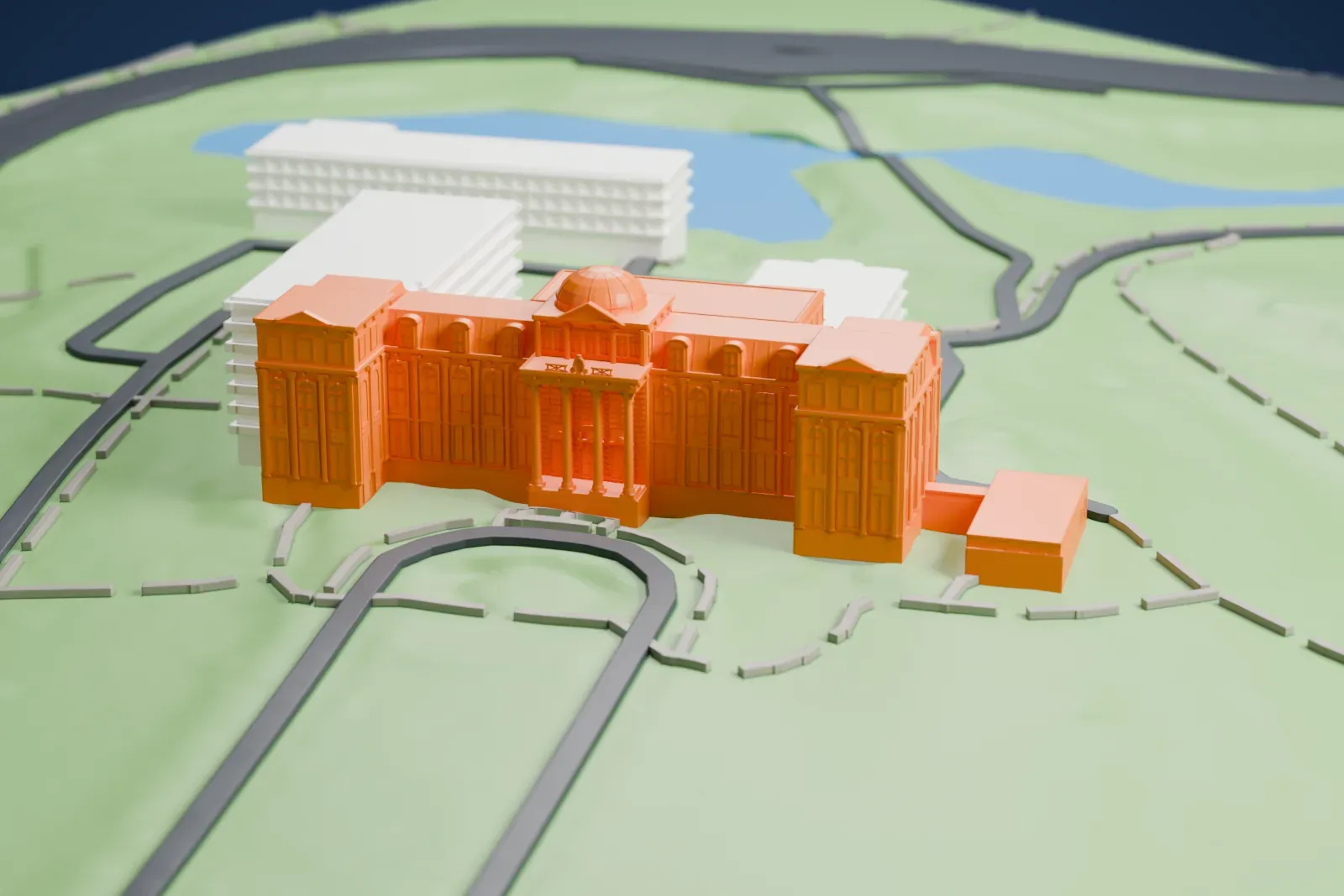 A white 3D print of the LuEsther T. Mertz Library, a wide building with a central dome and ornate end pavilions, standing among green lawns and paths.