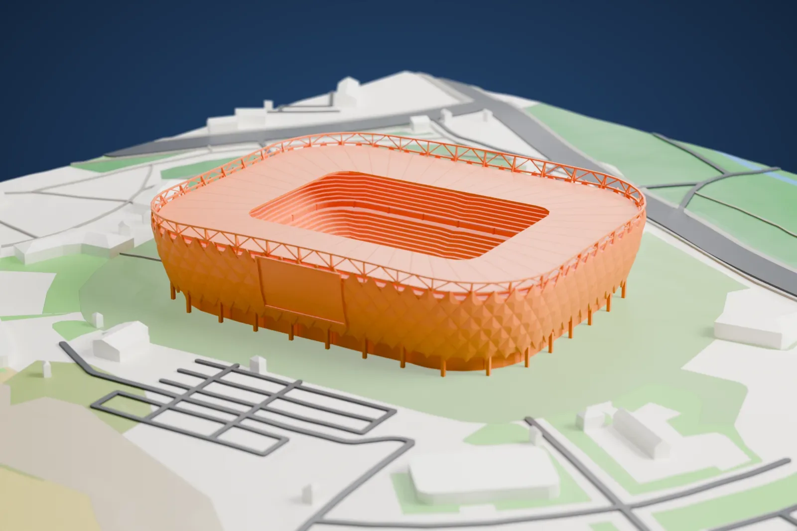 A white 3D print of Lukoil Arena, with the streets and buildings of Moscow around it.