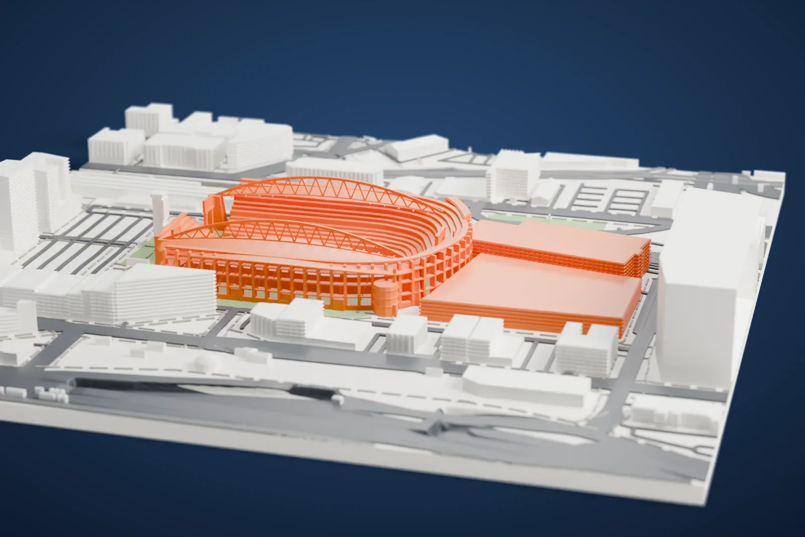 A white 3D print of Lumen Field, a horseshoe-shaped stadium with tiered stands, curved roof arches and an open end, between freeways, rail lines and city blocks.