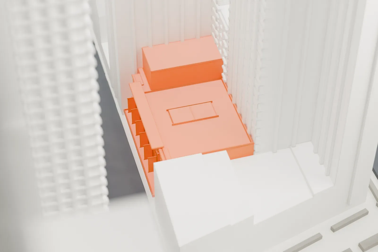 A white 3D print of the Lunt-Fontanne Theatre, a small low building tucked between much taller towers in dense Midtown streets.