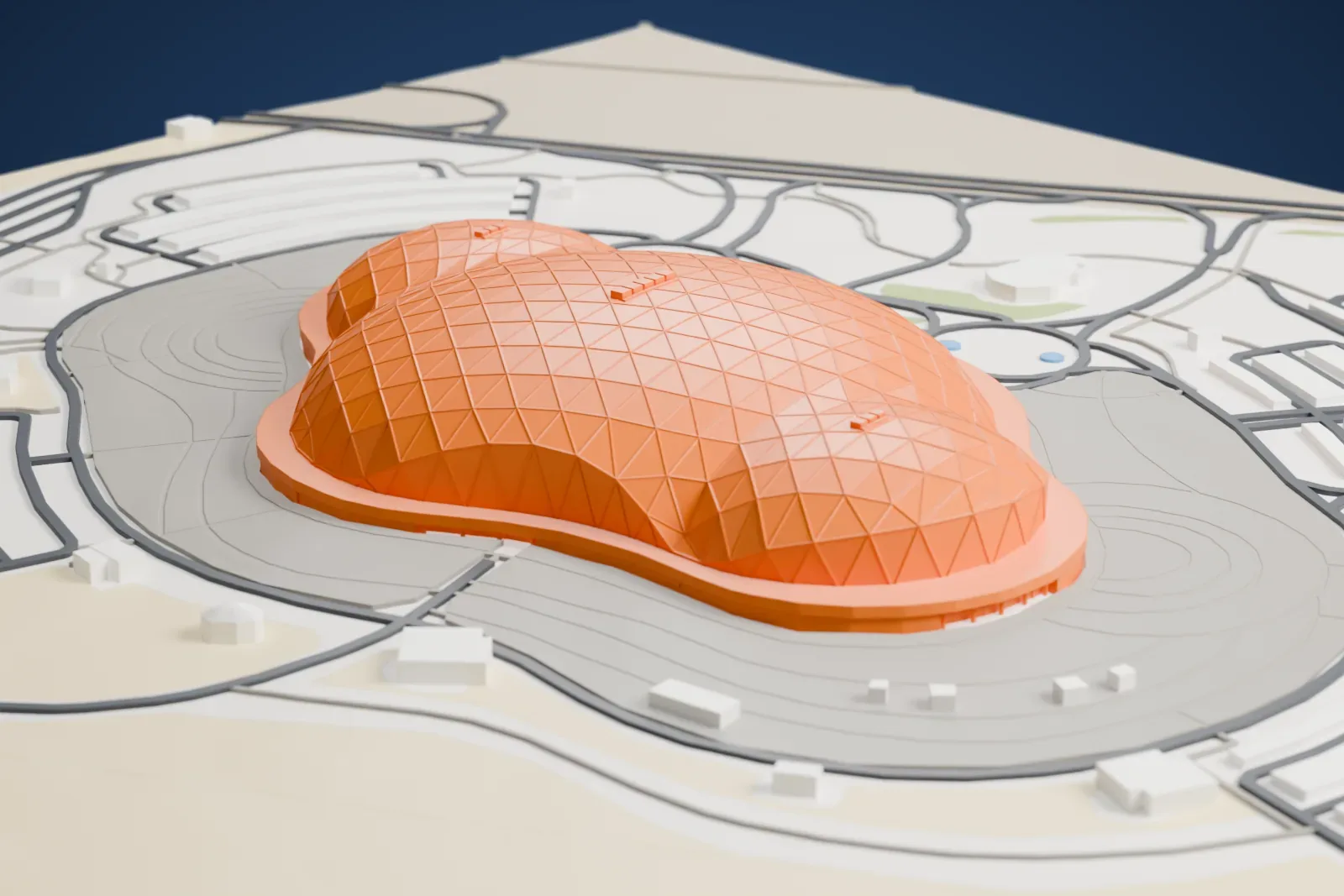 A white 3D print of Lusail Sports Arena, a broad domed hall with two lower end lobes and a triangular shell, among the surrounding streets and buildings of Lusail.