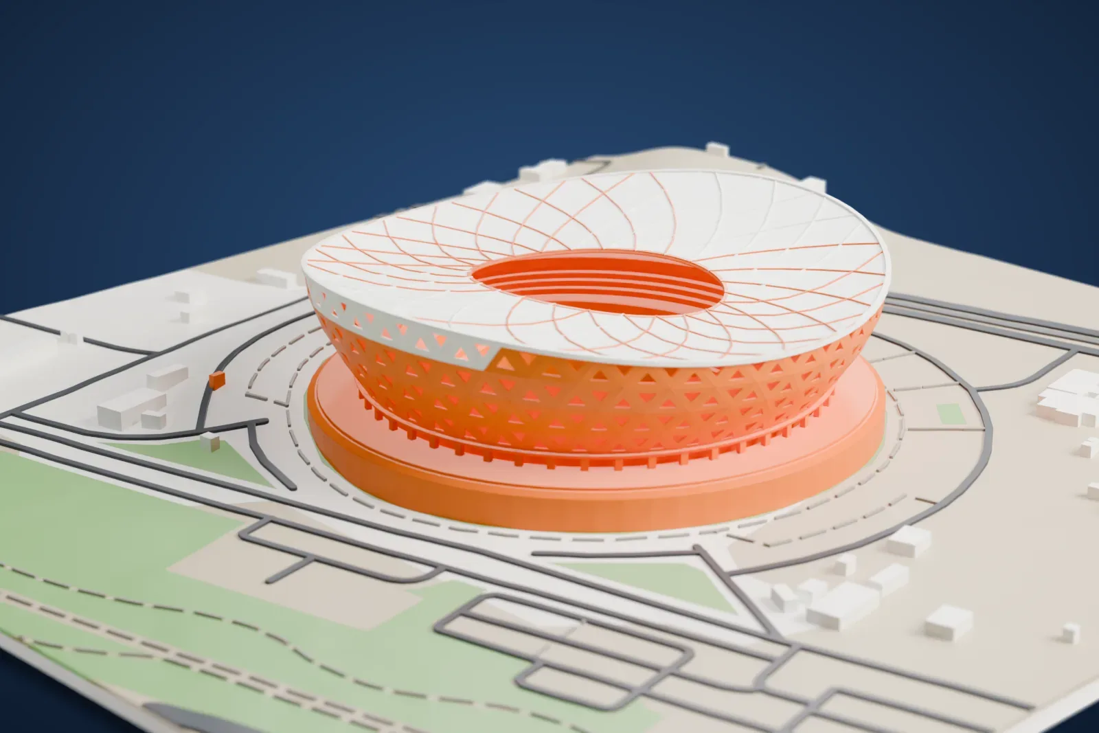 A white 3D print of Lusail Stadium, a bowl-shaped stadium with a ribbed, upturned roof ring and a facade of small triangular openings, on a round base beside looping roads.