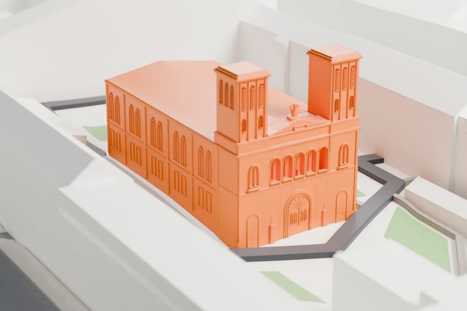 A white 3D print of the Lutheran Church of Saint Peter and Saint Paul on Nevsky Prospekt, with surrounding streets and buildings.