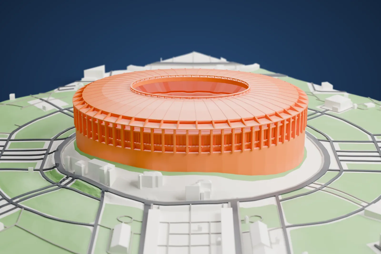A white 3D print of Luzhniki Stadium, a wide oval bowl with the streets and buildings of Moscow around it.
