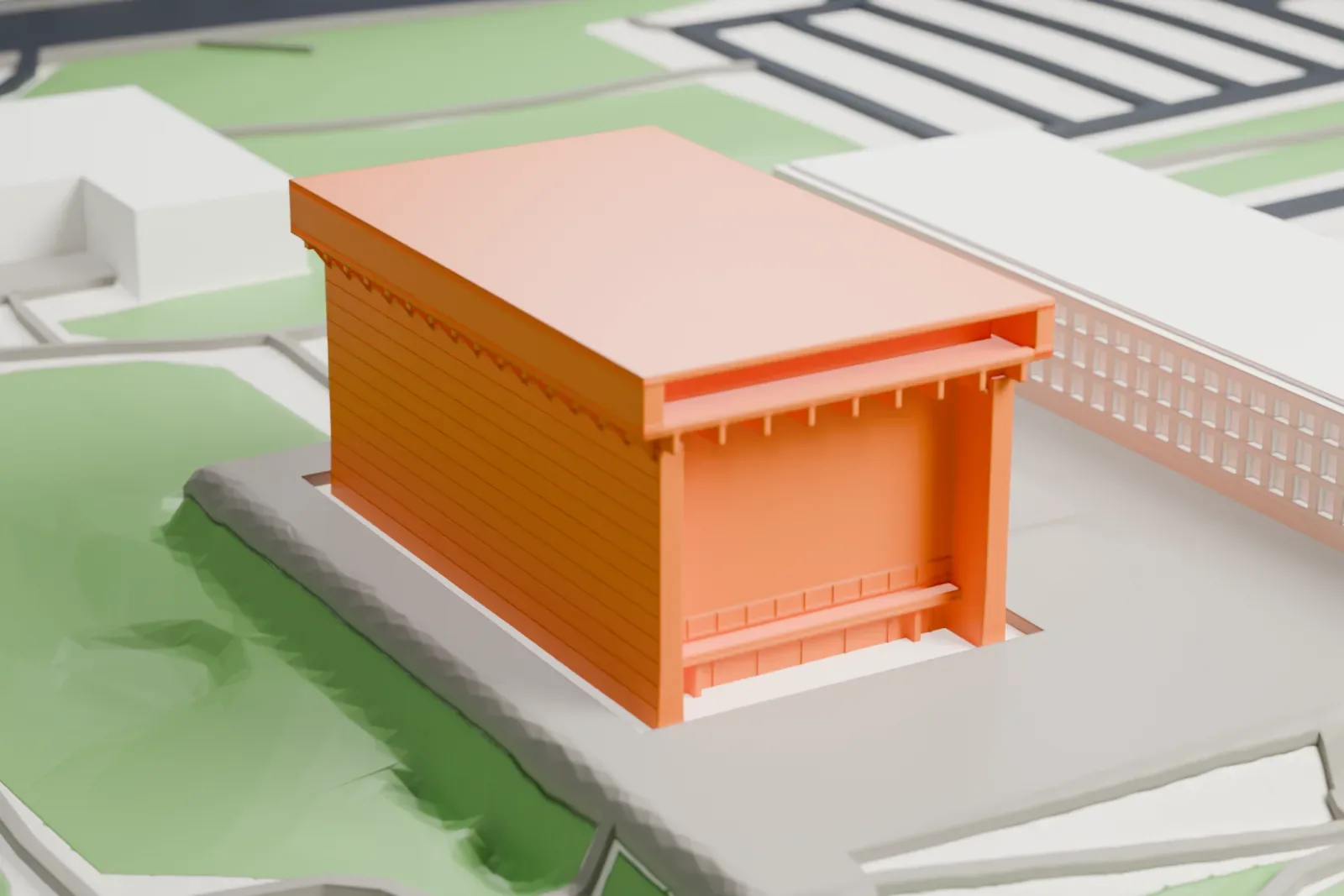 A white 3D print of the Lyndon Baines Johnson Library and Museum among the surrounding streets and buildings.