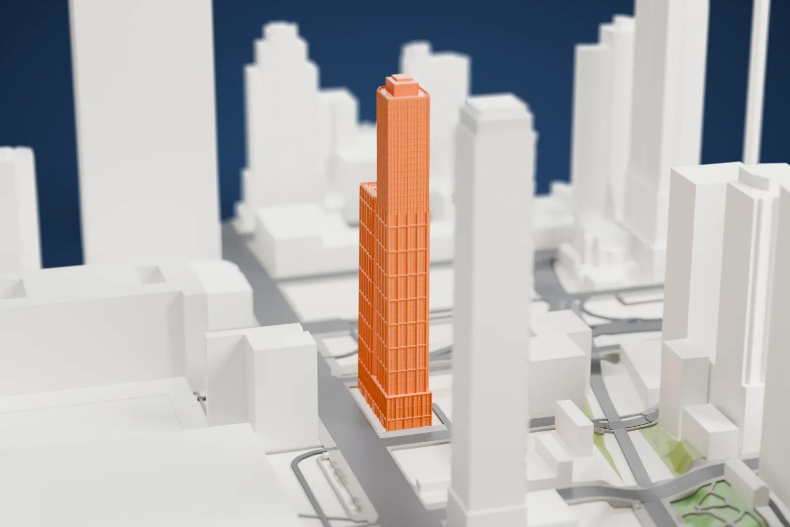 A white 3D print of Lyra NYC, a tall residential tower among surrounding streets and buildings.