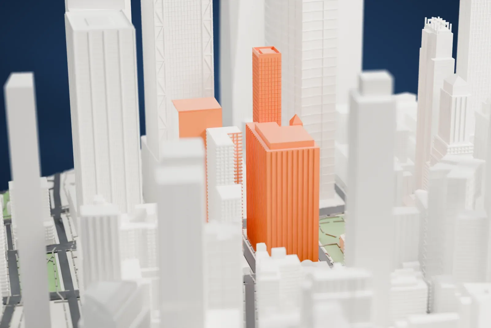 A white 3D print of the M Social Hotel New York Downtown, a slim tower with a gridded facade and a flat roof, standing between other skyscrapers.