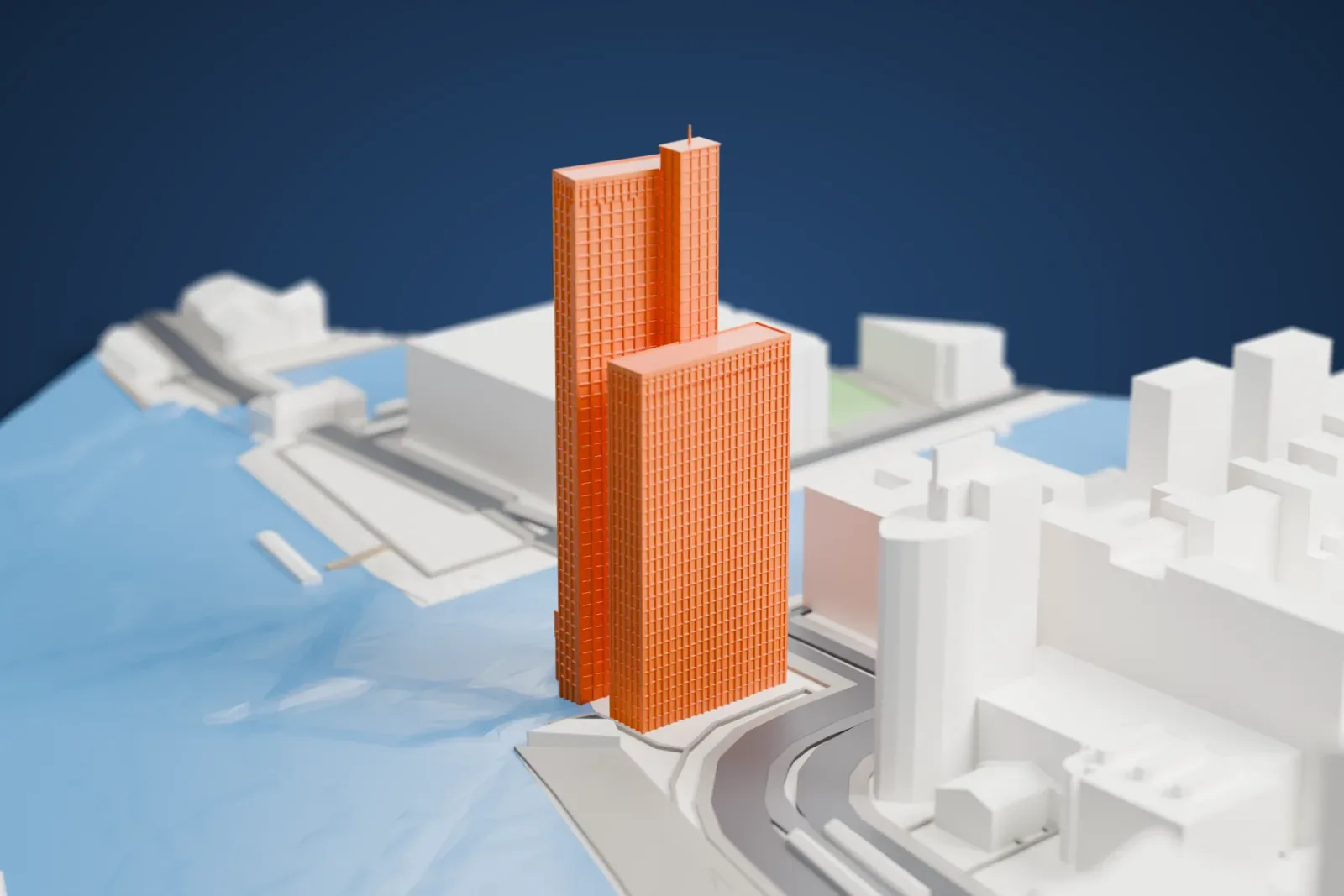 A white 3D print of the Maastoren standing beside the Nieuwe Maas in Rotterdam, with streets and buildings around it.
