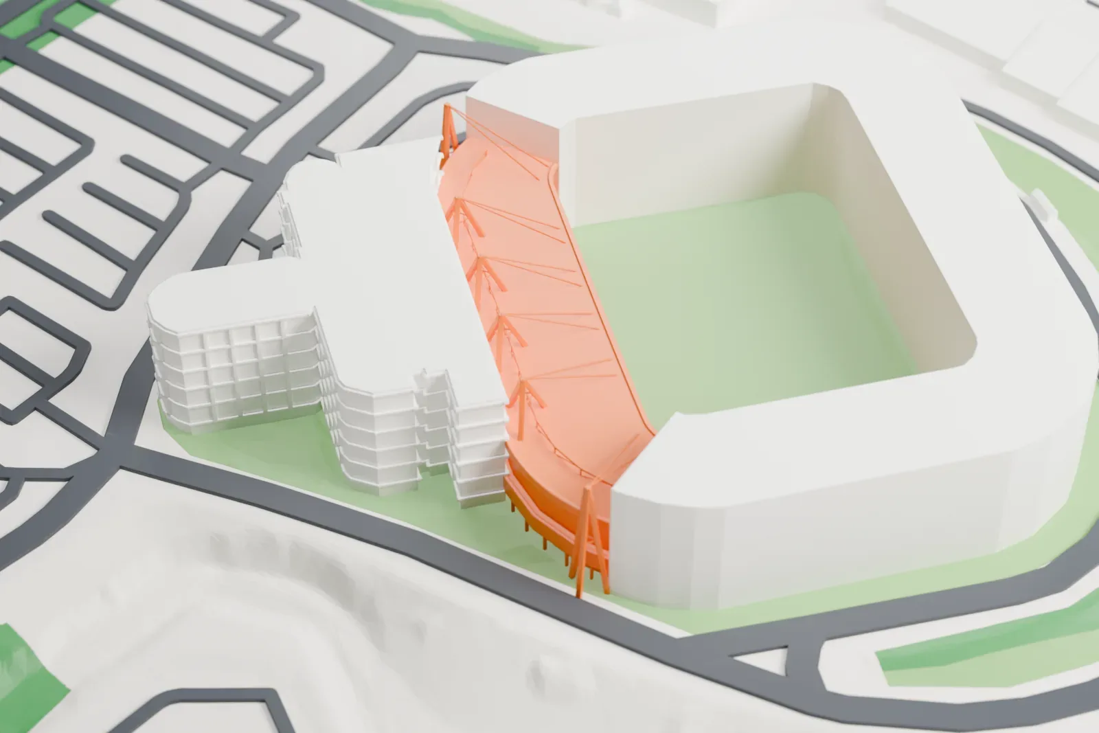 A white 3D print of the Madejski Stadium's West Stand, a two-tier stand under a broad white cantilever roof with a row of tripod masts along its back, set among surrounding streets and buildings.