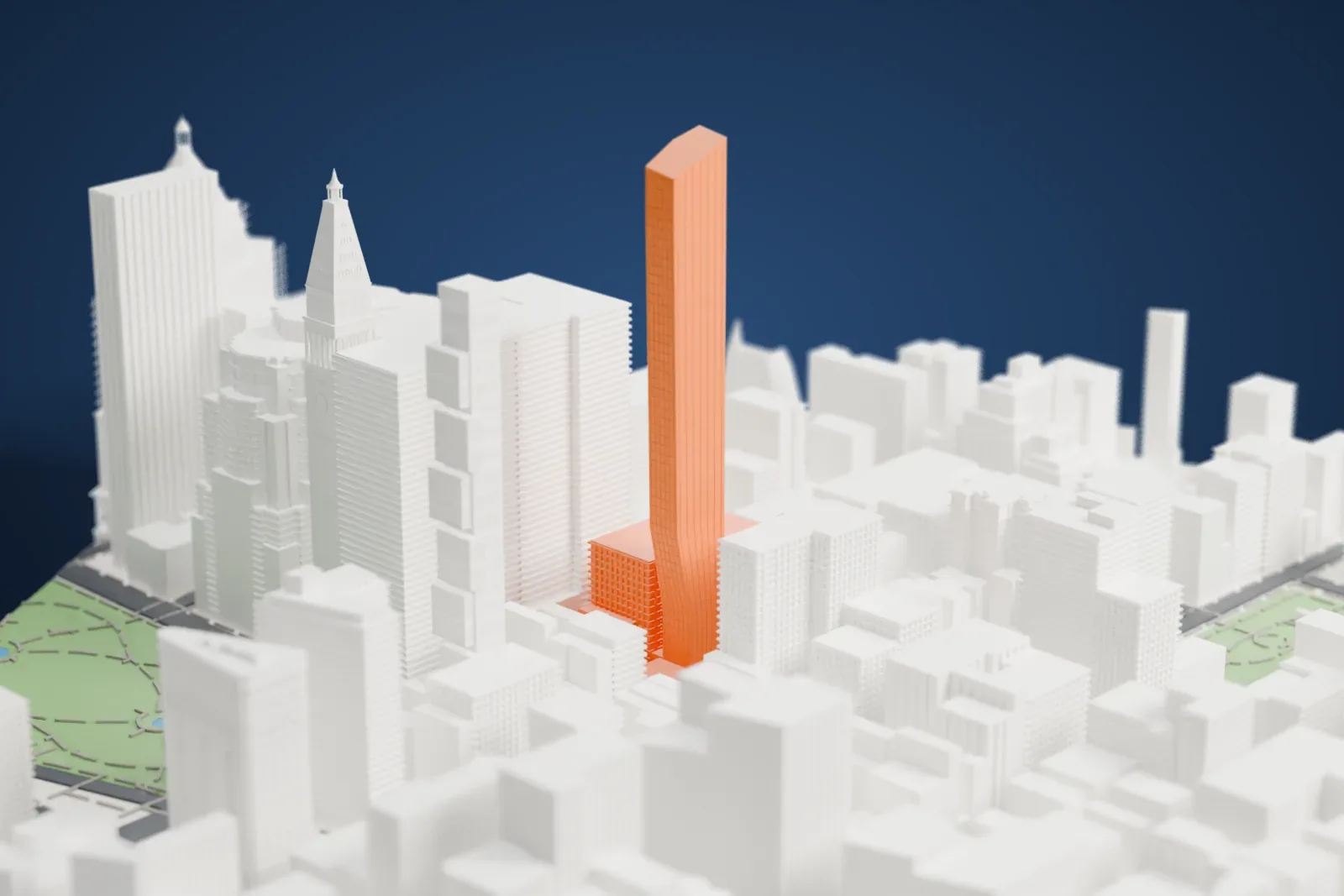 A white 3D print of Madison Square Park Tower, a tall slim tower with a slightly leaning shaft, rising among many shorter gray Manhattan buildings.