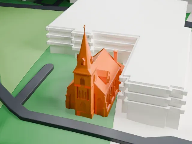 Madonna Church, Fort Lee model, West view