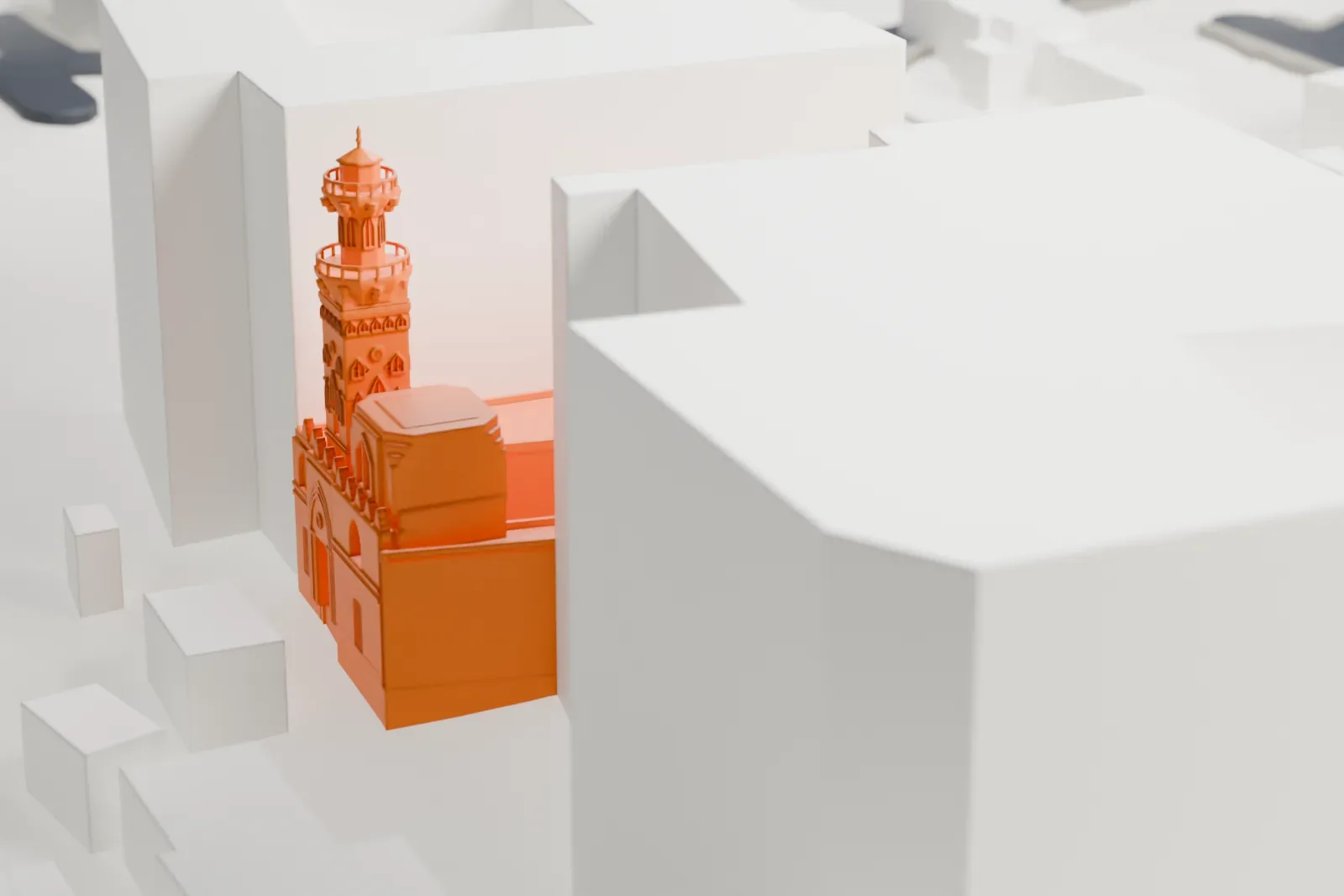 A white 3D print of the Madrasa of al-Nasir Muhammad among the surrounding buildings of Islamic Cairo.