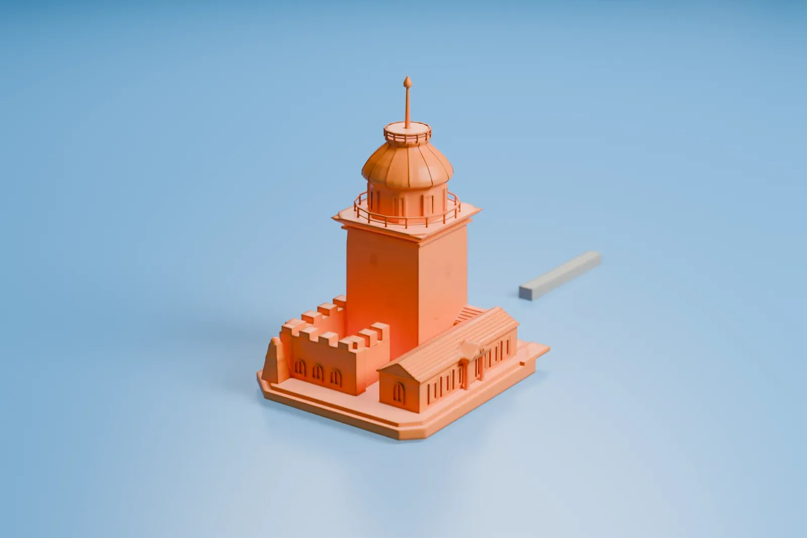 A white 3D print of the Maiden's Tower, a square tower with a domed lantern and a thin spire on a small islet with crenellated walls and low roofs, surrounded by open water.