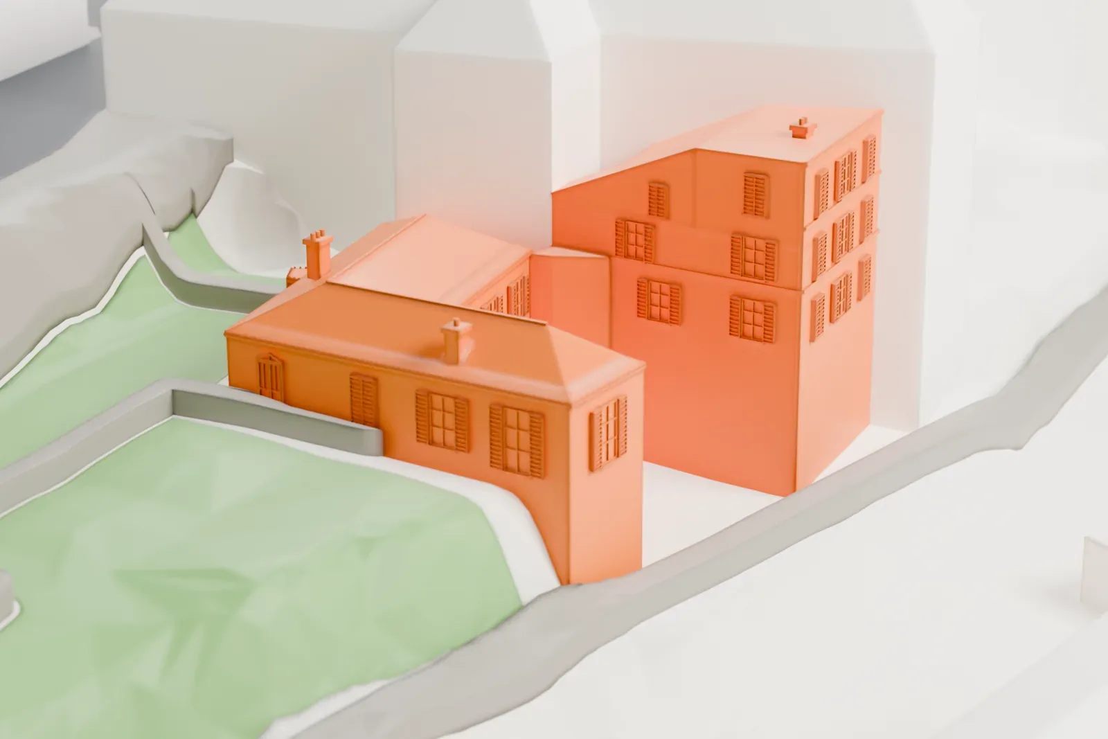 A white 3D print of the Maison de Balzac among surrounding streets and buildings.