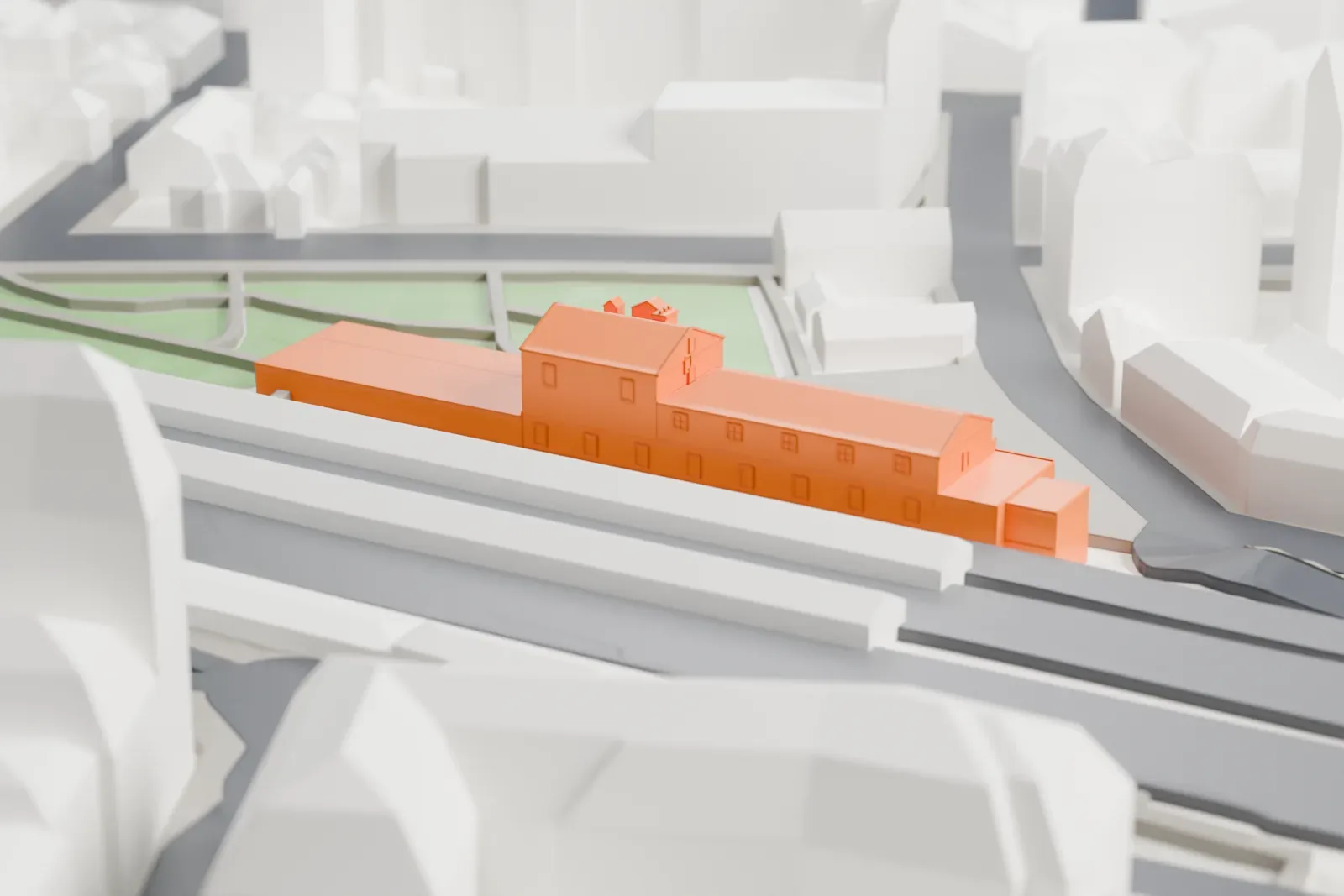 A white 3D print of Maisons-Alfort–Alfortville station among the surrounding streets and buildings.