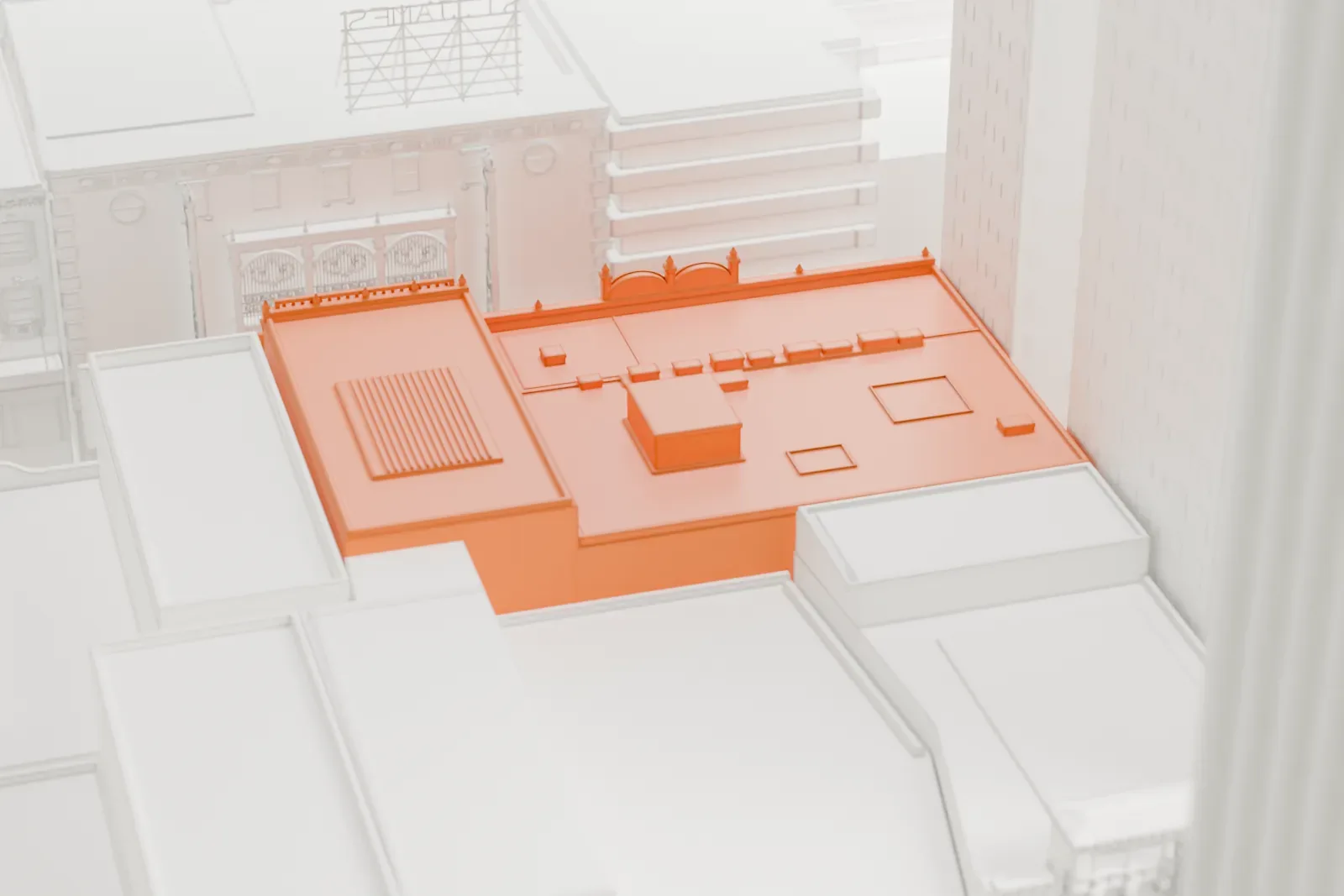 A white 3D print of the Broadway theater at 245 West 44th Street, a small low building almost hidden between much taller Midtown towers.