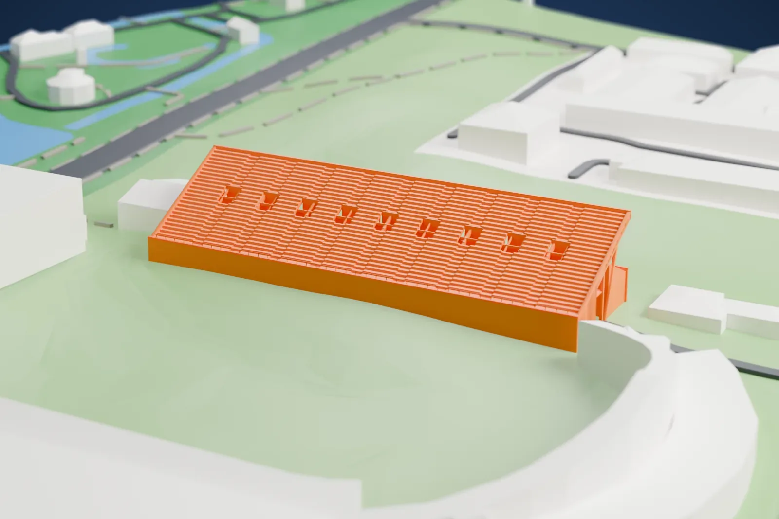 A white 3D print of the Maksimir Stadium East stand, a long single-tier open rake on leaning frames with a small second stand under its overhanging rear, set among surrounding streets and buildings.