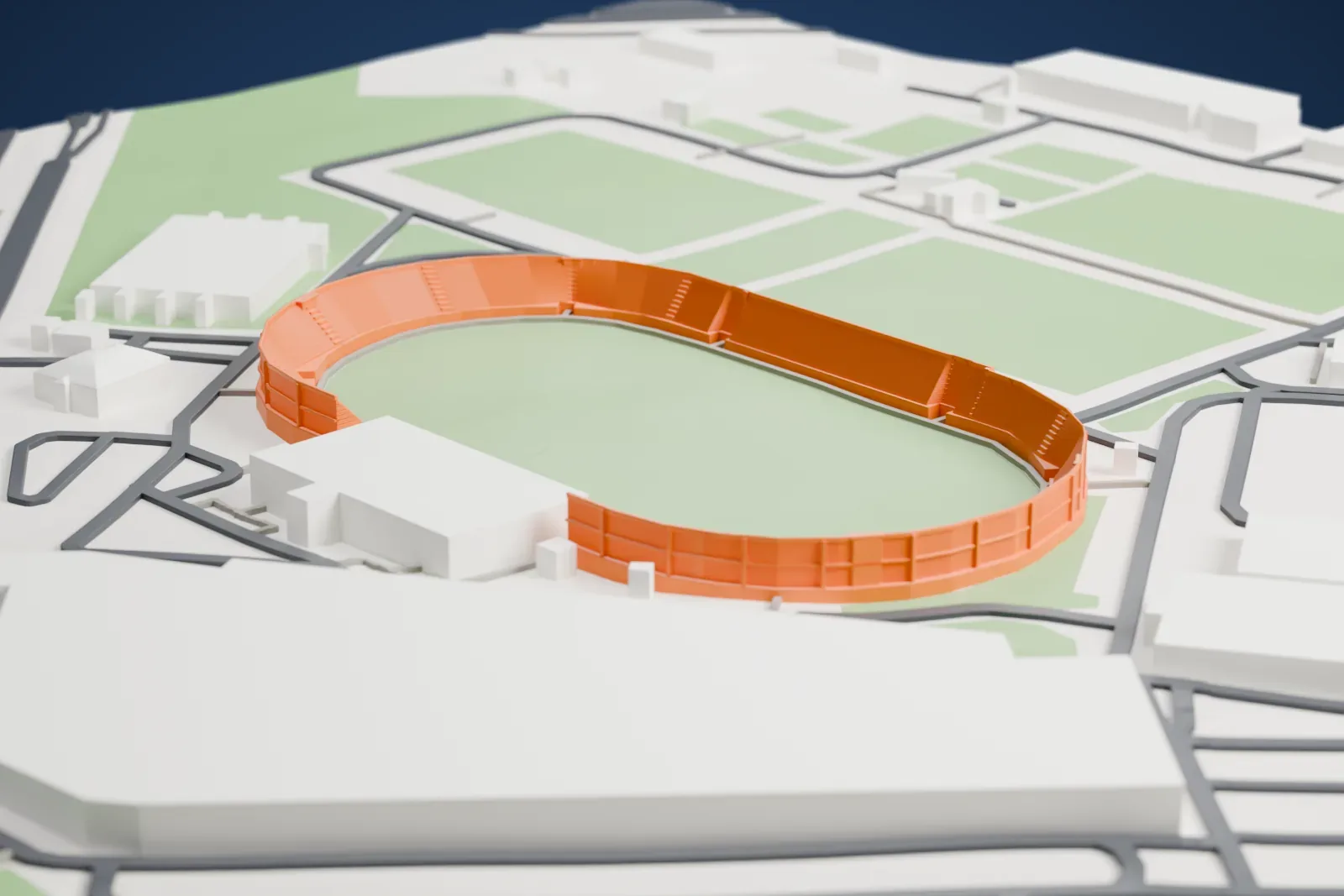 A white 3D print of Maktoum bin Rashid Al Maktoum Stadium with the surrounding streets and buildings.