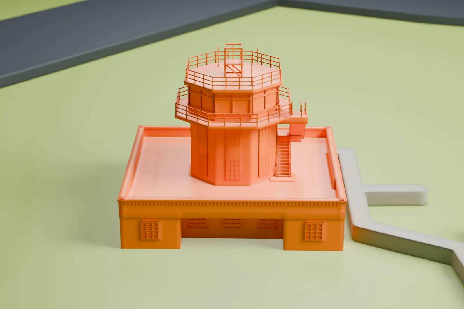 A white 3D print of the Manchester Barton Aerodrome control tower, standing among the surrounding airfield buildings.