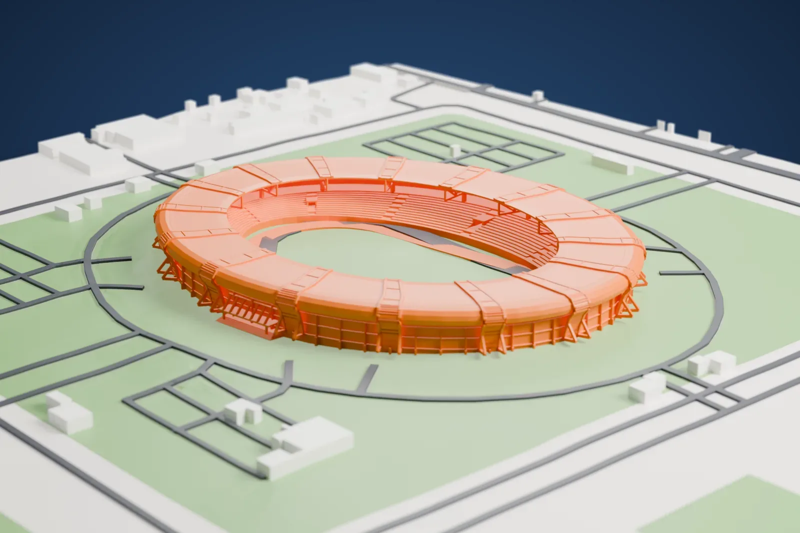 A white 3D print of Mandalar Thiri Stadium, a round stadium with a ribbed roof ring around a pitch, set among surrounding streets and open ground.