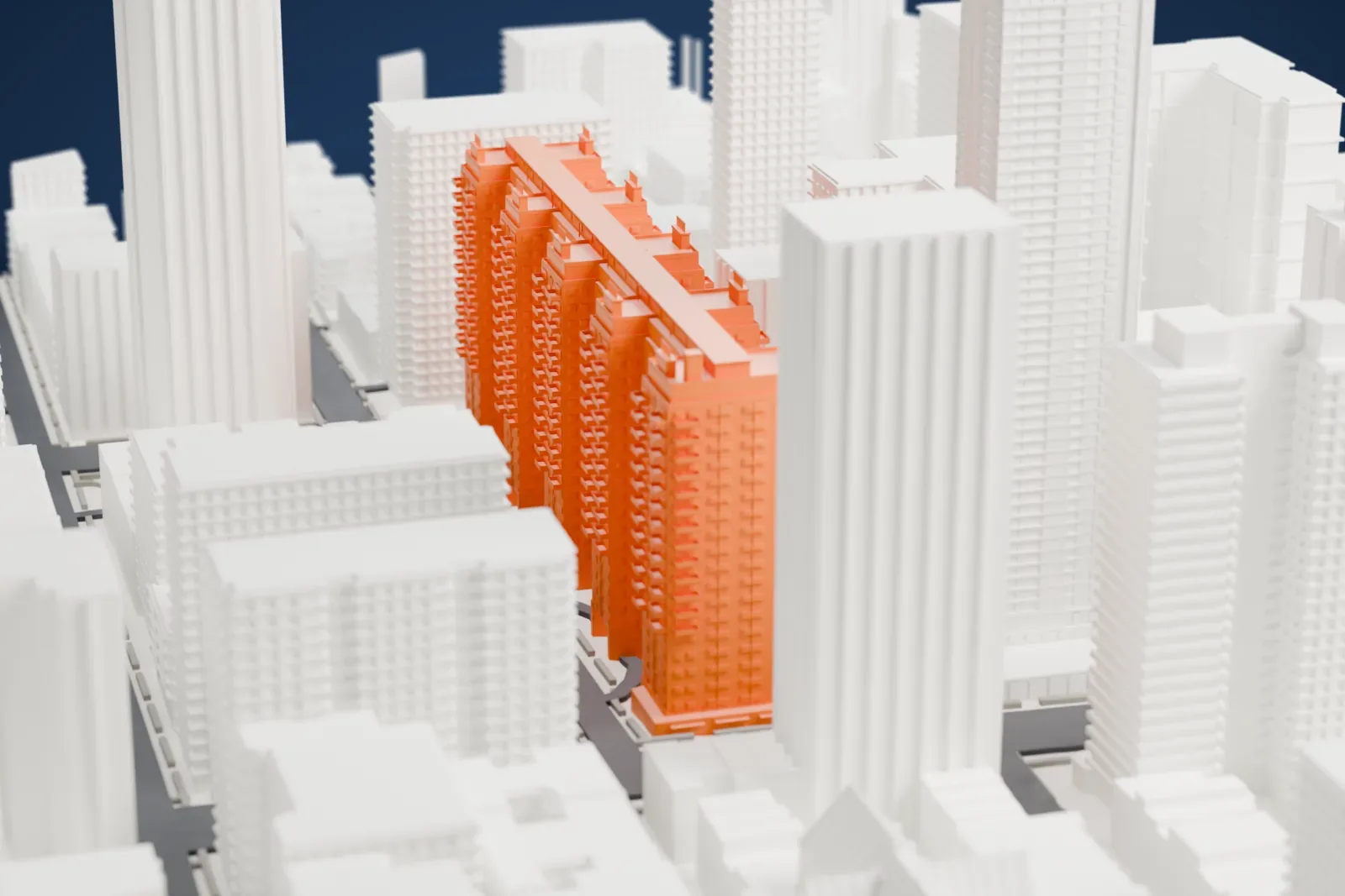 A white 3D print of Manhattan House, a long slab of stepped wings, surrounded by taller towers and city blocks.