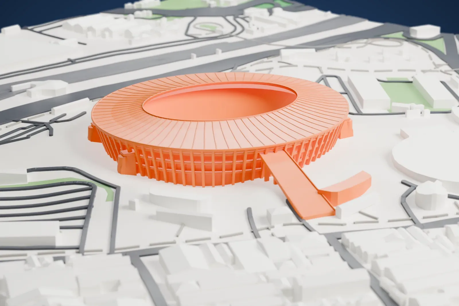 A white 3D print of Maracanã Stadium, a large oval bowl with a ribbed ring roof and long access ramps, beside a smaller round arena and busy highways.
