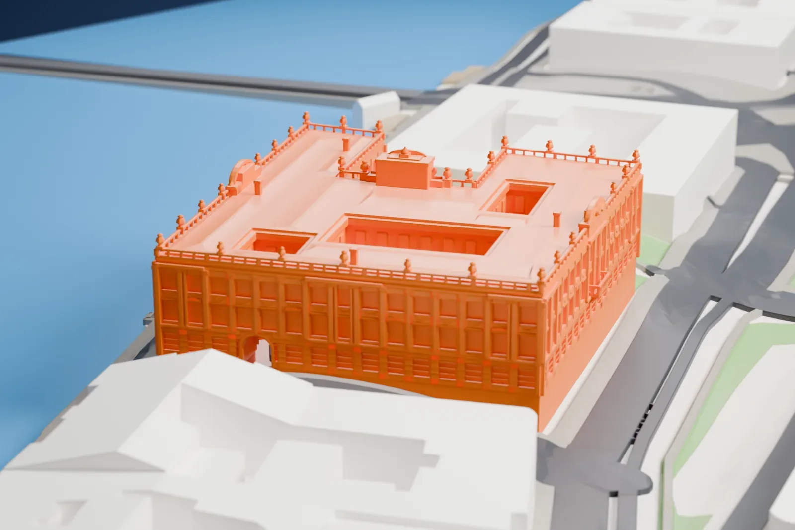 A white 3D print of the Marble Palace among the streets and buildings of Saint Petersburg.