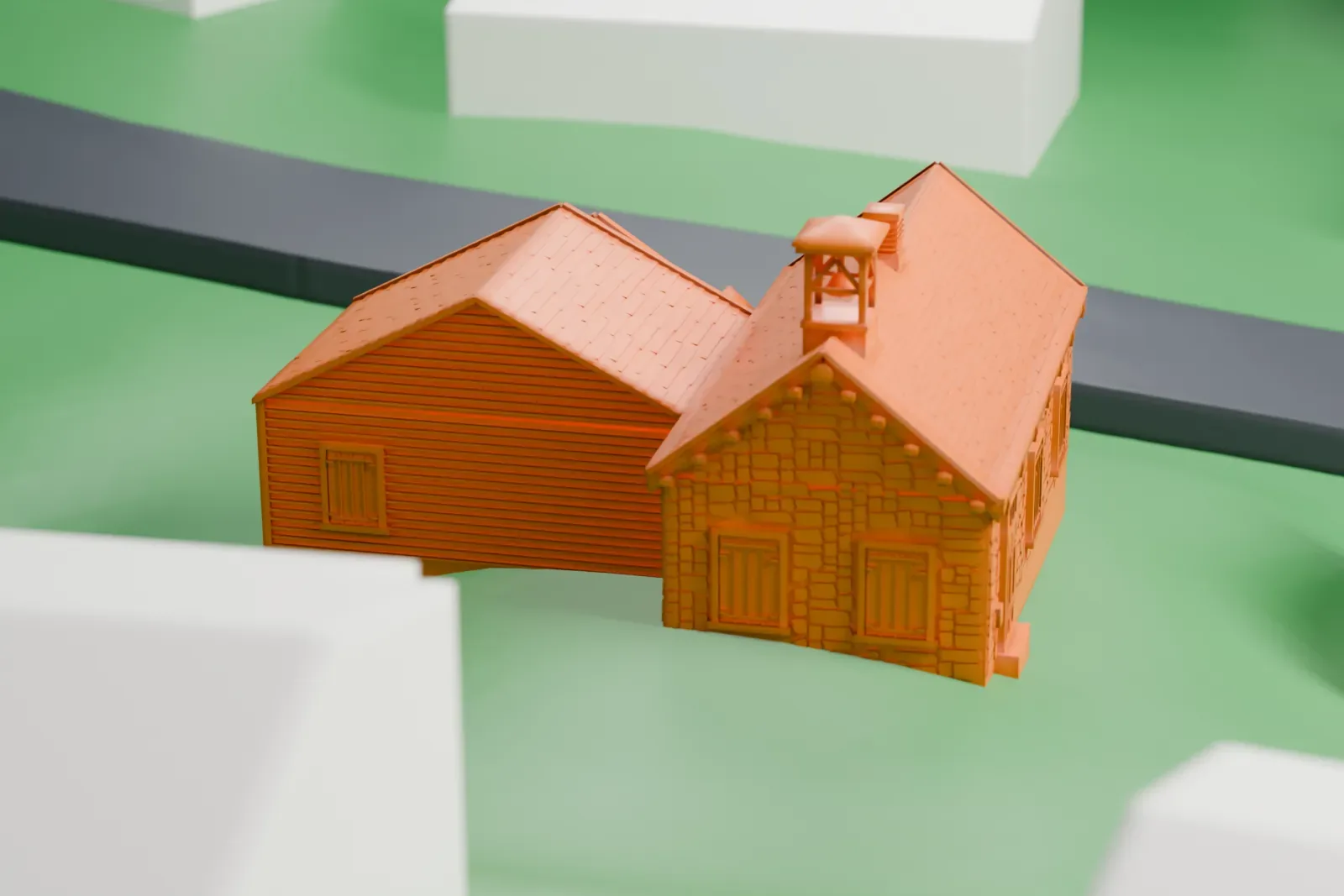 A white 3D print of the Marble Schoolhouse, a small stone building with gabled wings and a bell cupola, on a lawn near a road and a few nearby houses.