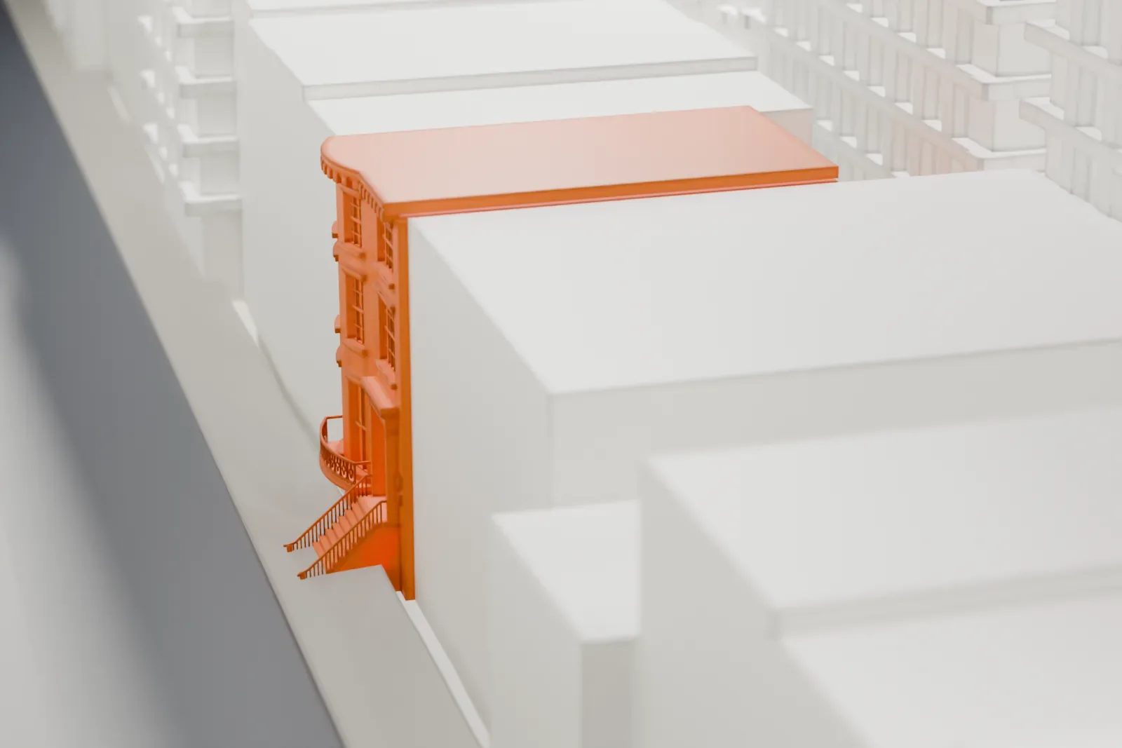 A white 3D print of the Margaret Sanger Clinic, a narrow building with a flat-looking roof, set low among much taller buildings on a dense city block.
