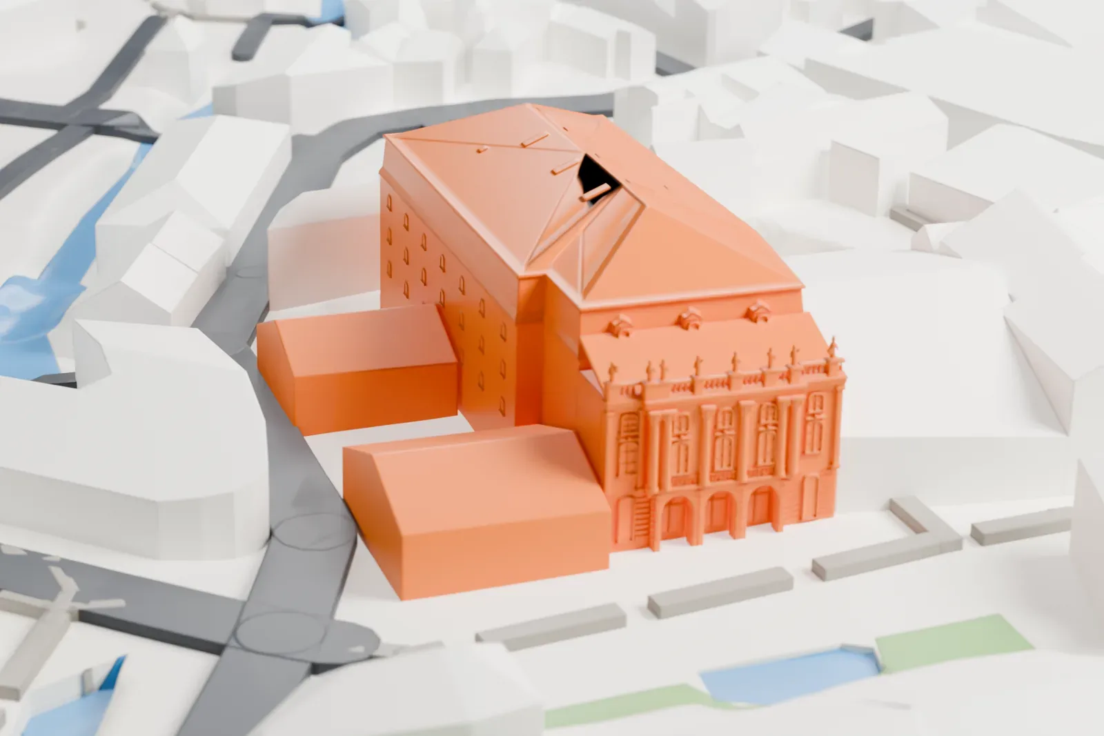 A white 3D print of the Margravial Opera House, a boxy hall with a hipped roof and a columned front topped by small statues, packed in among nearby buildings.