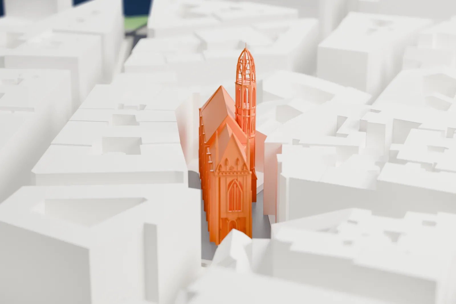 A white 3D print of Maria am Gestade among surrounding streets and buildings.