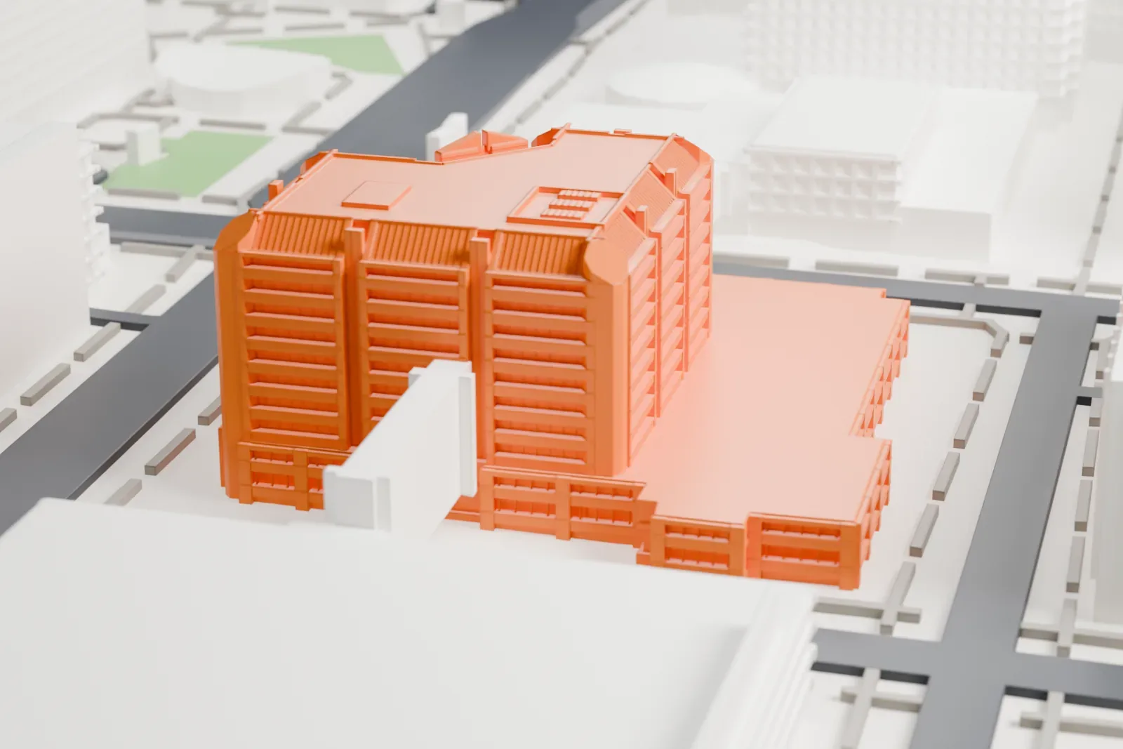 A white 3D print of the Maricopa County Administration Building, a large block with rows of tall window recesses and a courtyard notch, filling a downtown block among wide streets and other buildings.