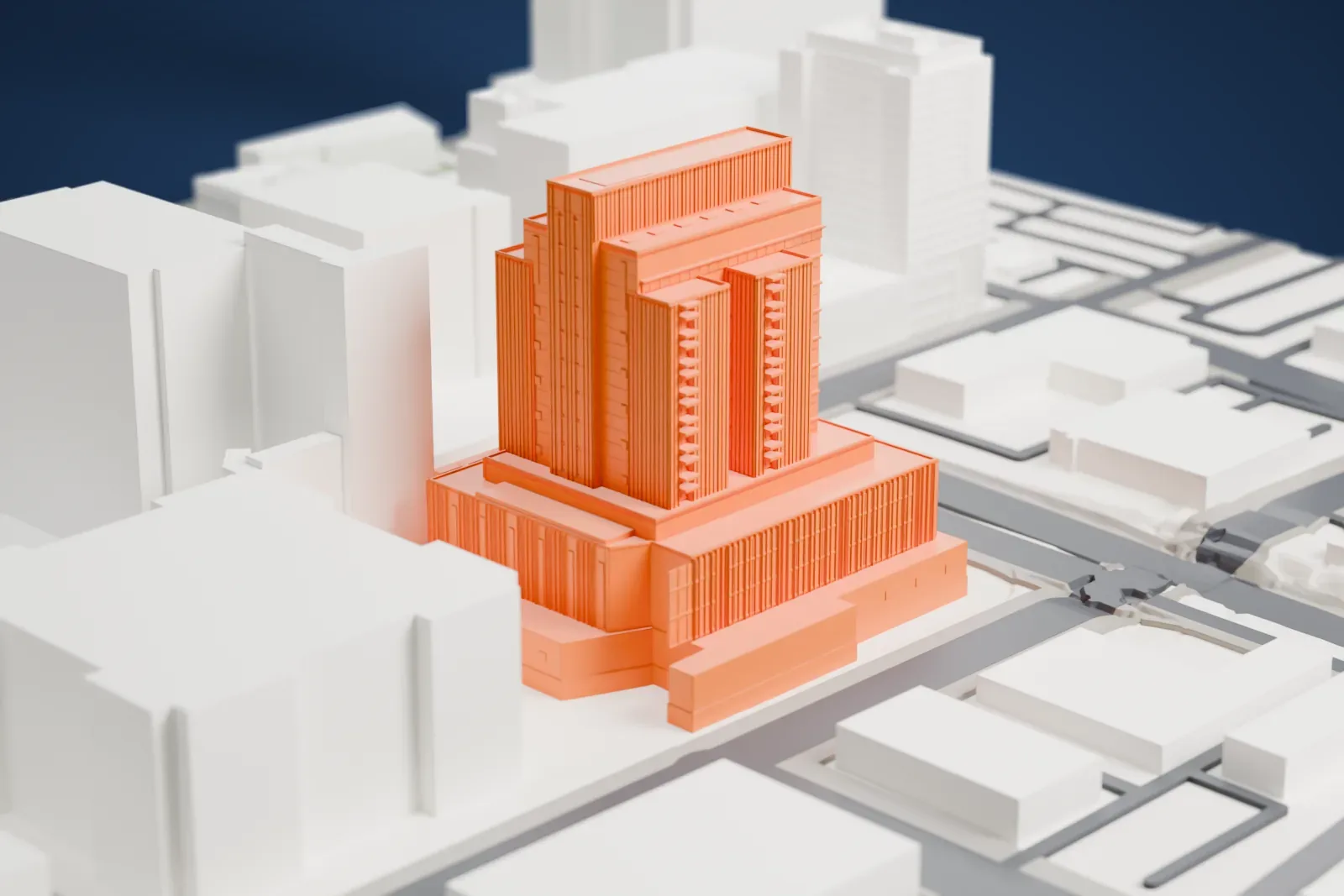 A white 3D print of the Maricopa County South Court Tower, a tall courthouse among surrounding streets and buildings.