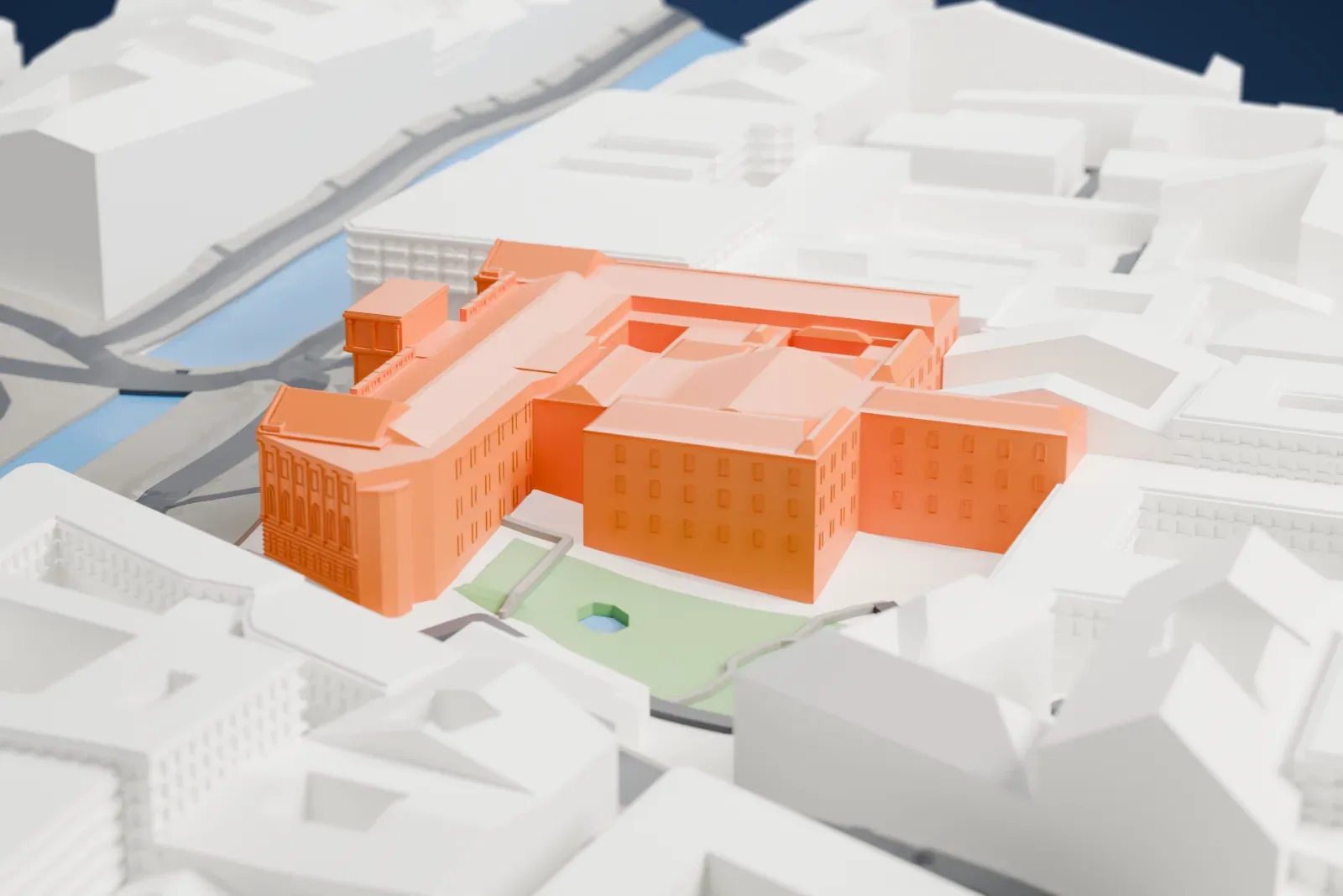 A white 3D print of the Mariinsky Palace, a neoclassical palace building, surrounded by streets and buildings.