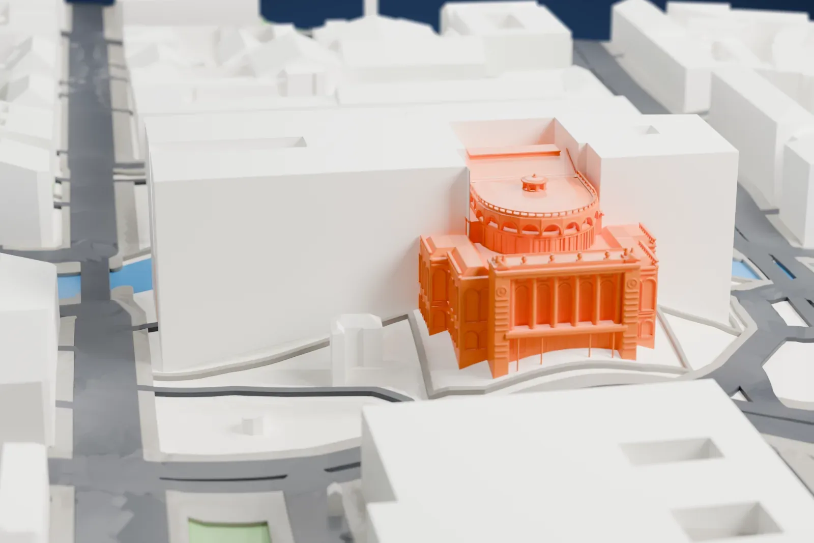 A white 3D print of the Mariinsky Theatre, a large building on its city block among the surrounding streets and buildings of Saint Petersburg.