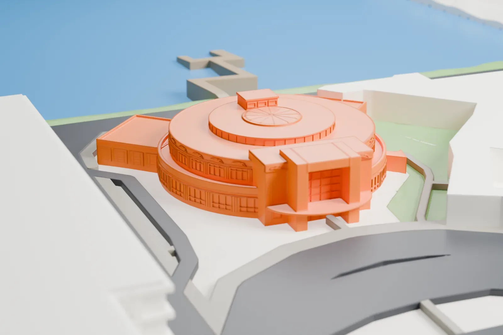 A white 3D print of the Marine Air Terminal, an Art Deco airport terminal at LaGuardia Airport in New York, set among the surrounding buildings.