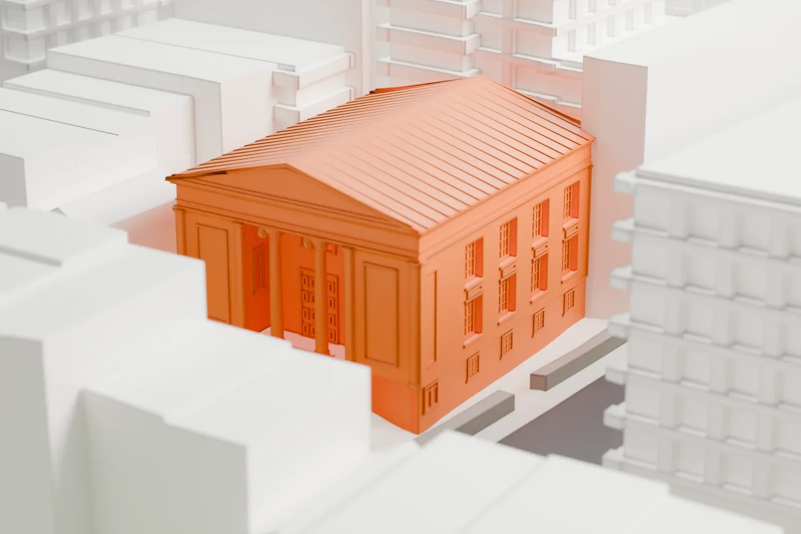 A white 3D print of Mariners' Temple, a small church among much taller buildings and a grid of city streets.