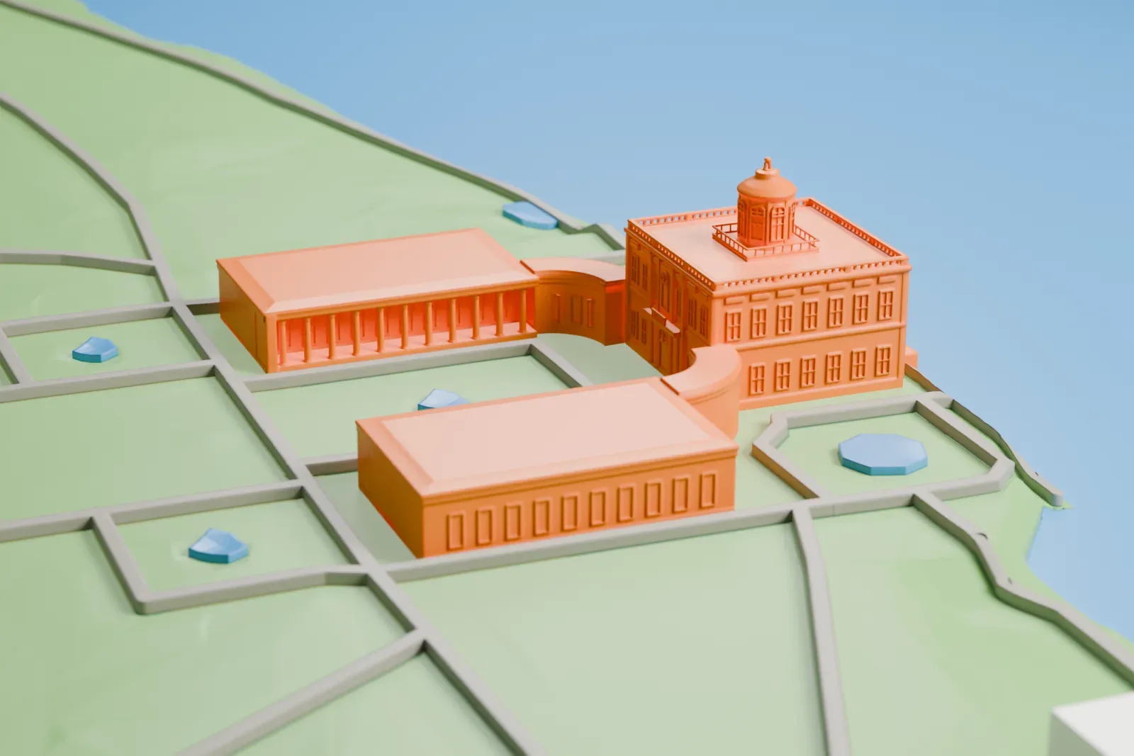 A white 3D print of the Marmorpalais, a palace in Potsdam, among the surrounding streets and buildings.