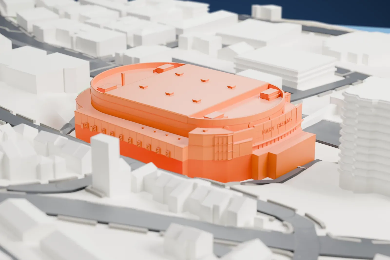 A white 3D print of the Mary Brown's Centre arena, with a broad roof and rounded ends among streets, rows of small buildings and taller blocks.