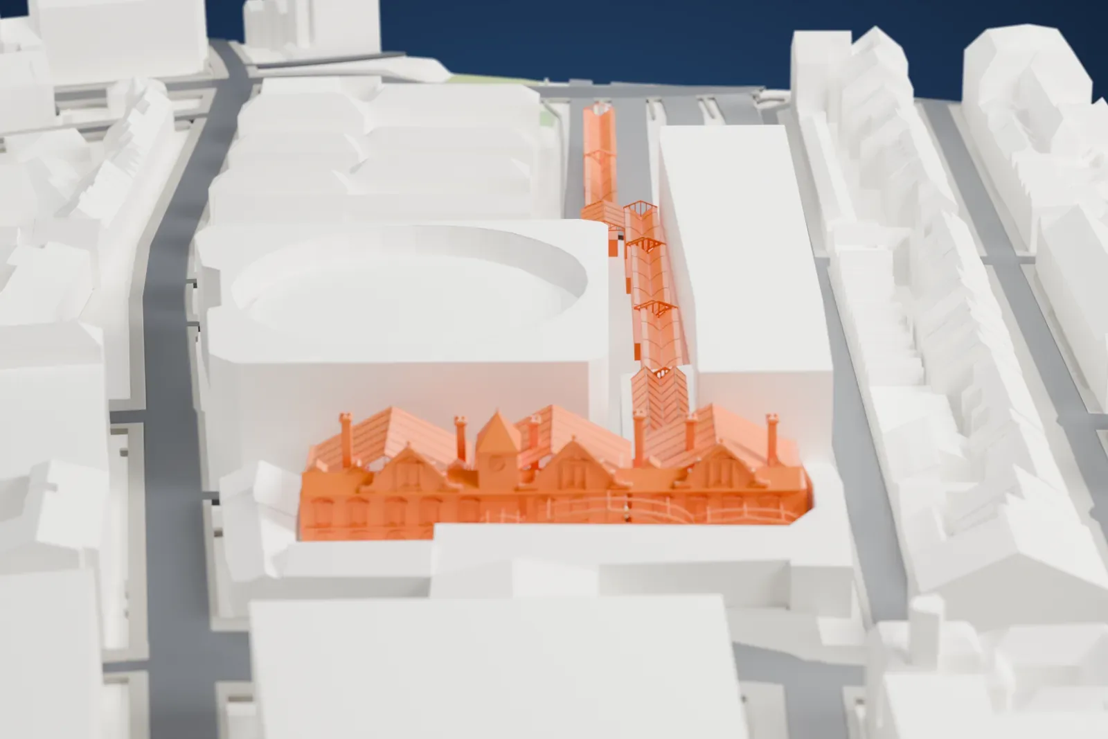 A white 3D print of Marylebone station and its long train shed, standing among the surrounding streets and buildings of central London.