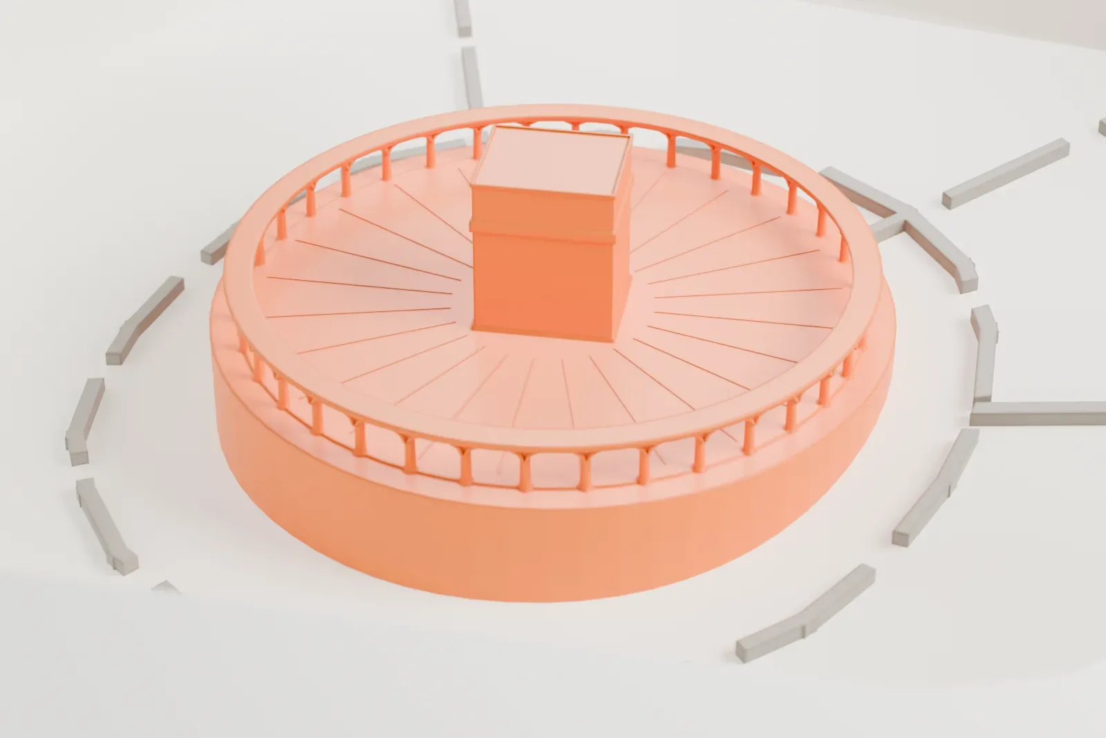 A white 3D print of the central structure of Masjid al-Haram on a round platform ringed by slender arches, in an open courtyard enclosed by large building masses and tall minarets.