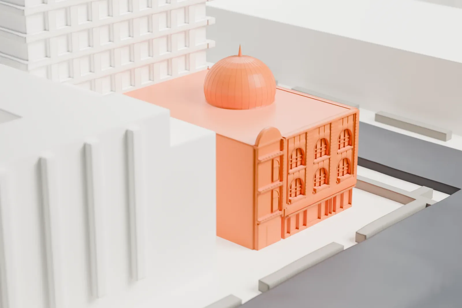 A white 3D print of Masjid Malcolm Shabazz, a domed building with an arched-window facade, set among taller buildings and streets.