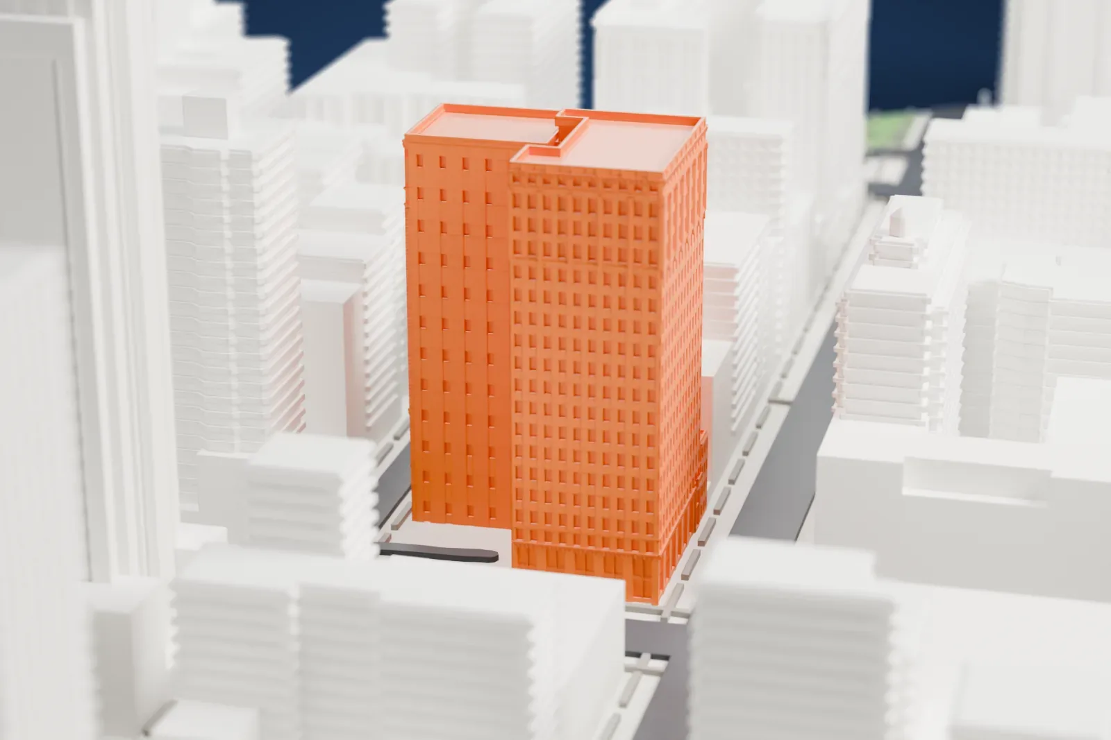 A white 3D print of Masonic Hall, two joined stepped blocks with rows of windows, standing among mid-rise and tall buildings along city streets.