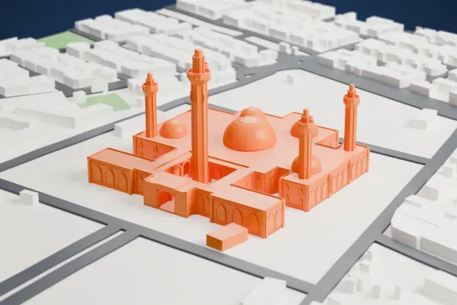 A white 3D print of the Massalikoul Djinane Mosque, a wide complex with a large central dome, four smaller domes and five tall, slender minarets, set among streets and low buildings.