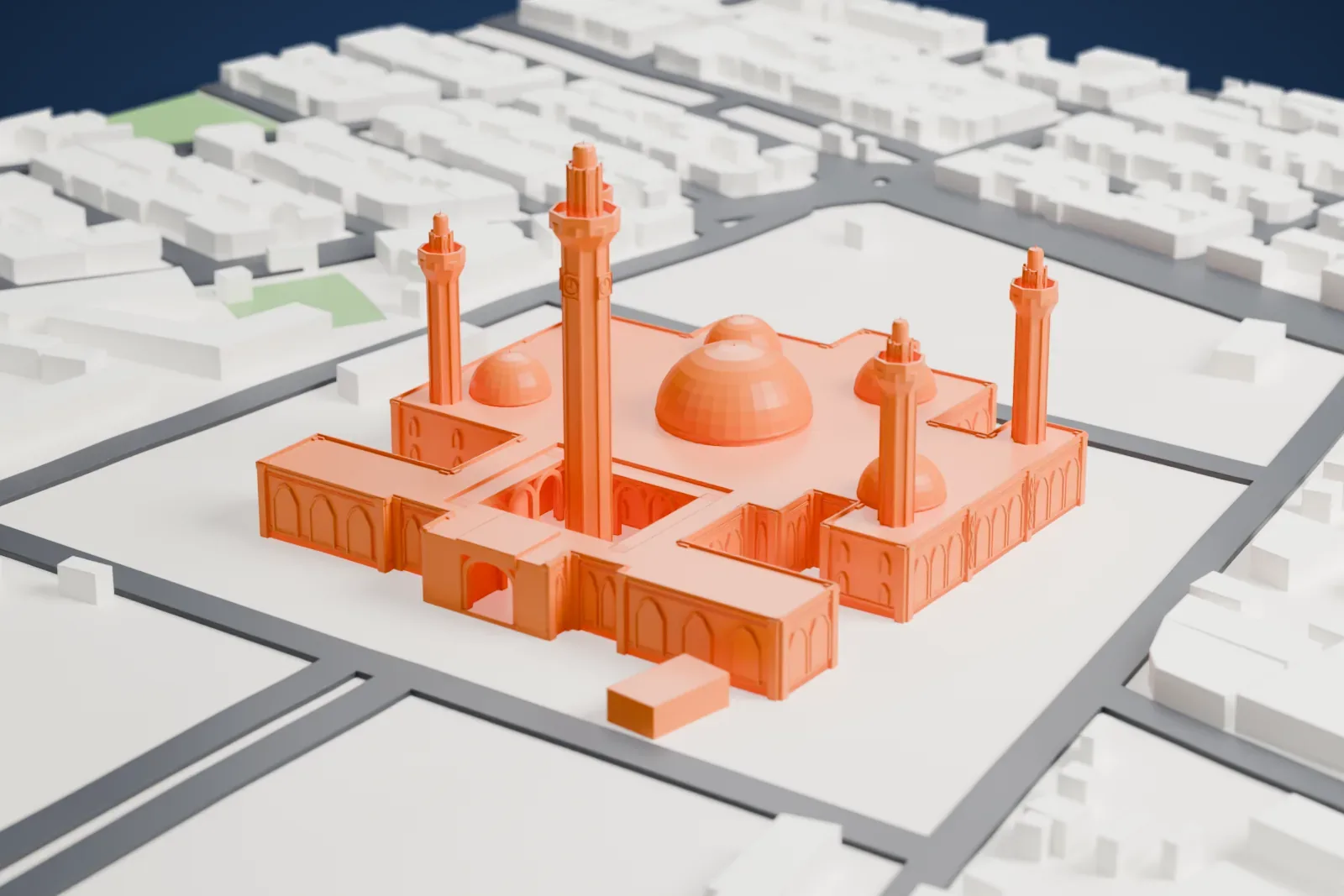 A white 3D print of the Massalikoul Djinane Mosque, a wide complex with a large central dome, four smaller domes and five tall, slender minarets, set among streets and low buildings.