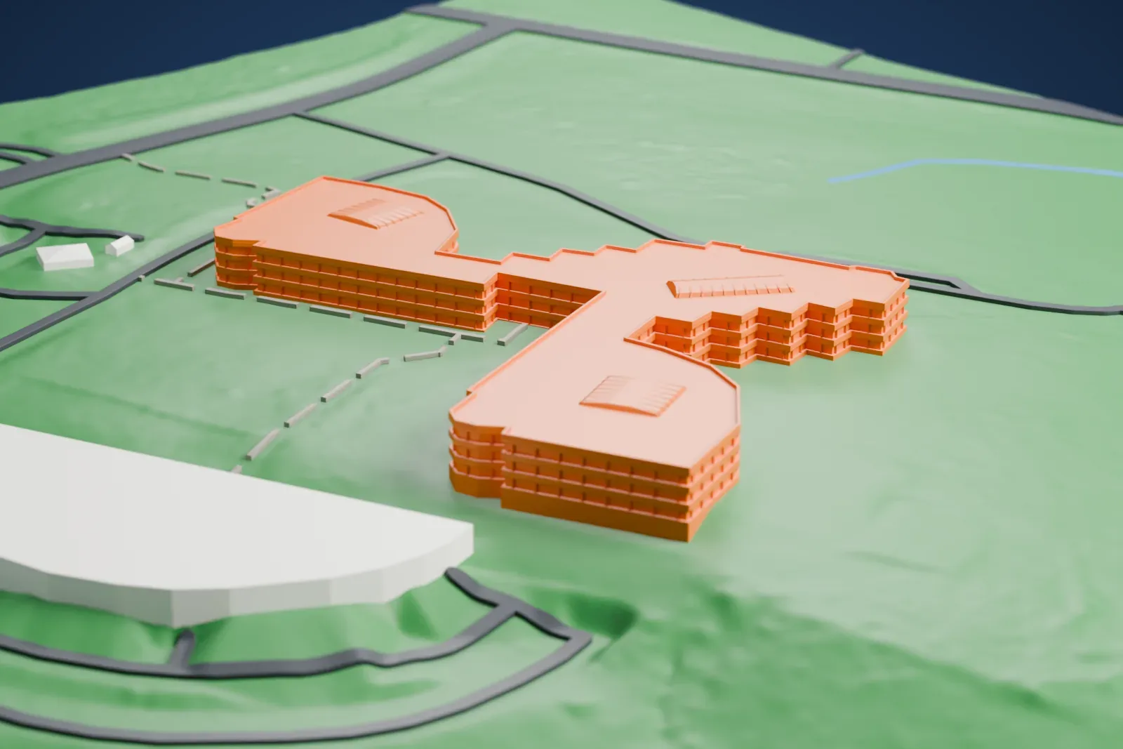 A white 3D print of the Mastercard International Global Headquarters, a low three-wing building with curved ends, set on green sloping ground with winding roads around it.